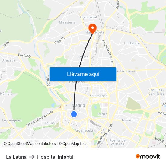 La Latina to Hospital Infantil map