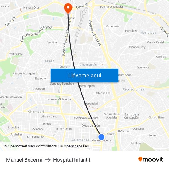 Manuel Becerra to Hospital Infantil map