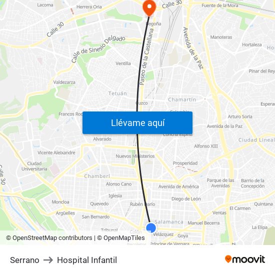 Serrano to Hospital Infantil map