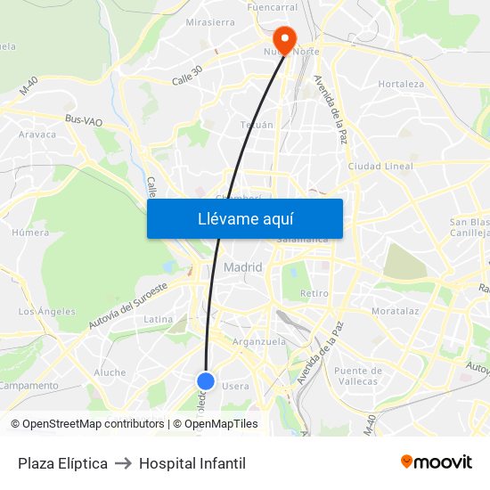 Plaza Elíptica to Hospital Infantil map
