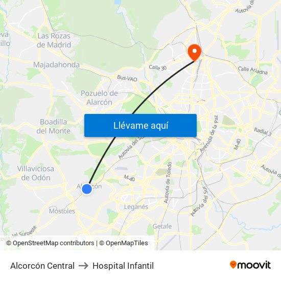 Alcorcón Central to Hospital Infantil map