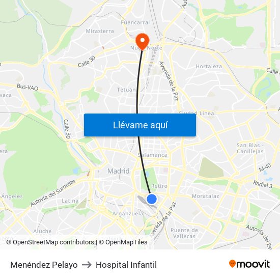 Menéndez Pelayo to Hospital Infantil map