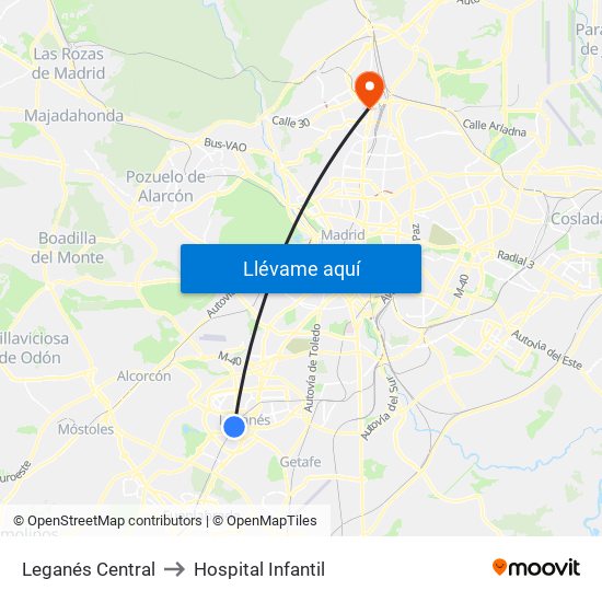 Leganés Central to Hospital Infantil map