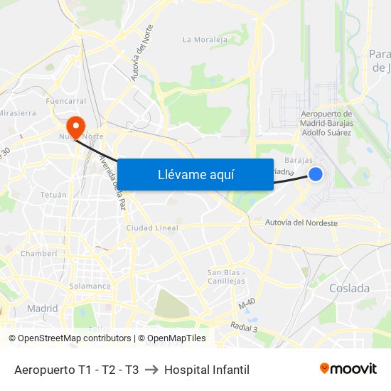 Aeropuerto T1 - T2 - T3 to Hospital Infantil map