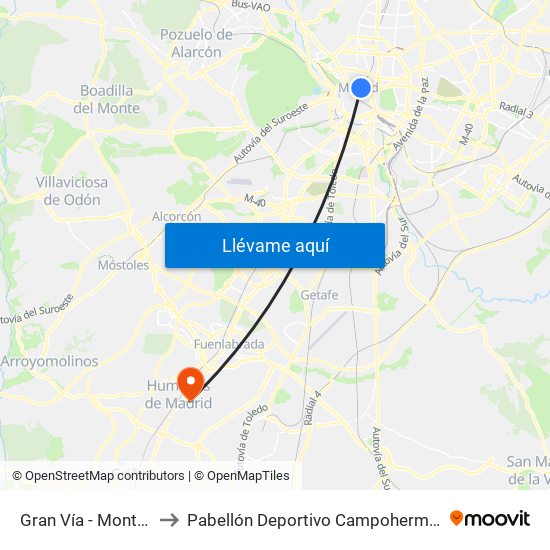 Gran Vía - Montera to Pabellón Deportivo Campohermoso map
