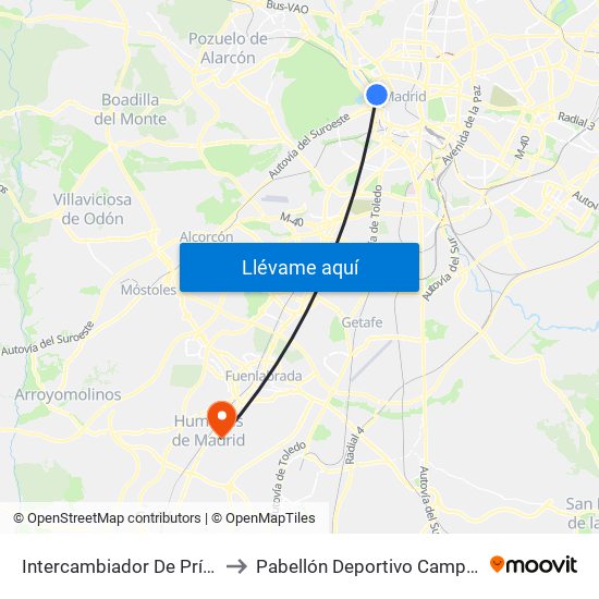 Intercambiador De Príncipe Pío to Pabellón Deportivo Campohermoso map