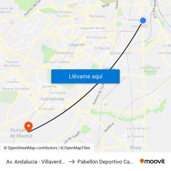 Av. Andalucía - Villaverde Bajo Cruce to Pabellón Deportivo Campohermoso map
