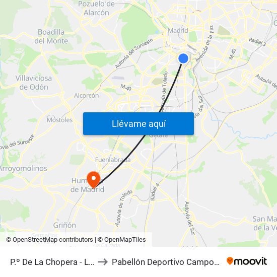 P.º De La Chopera - Legazpi to Pabellón Deportivo Campohermoso map