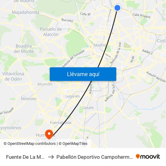 Fuente De La Mora to Pabellón Deportivo Campohermoso map