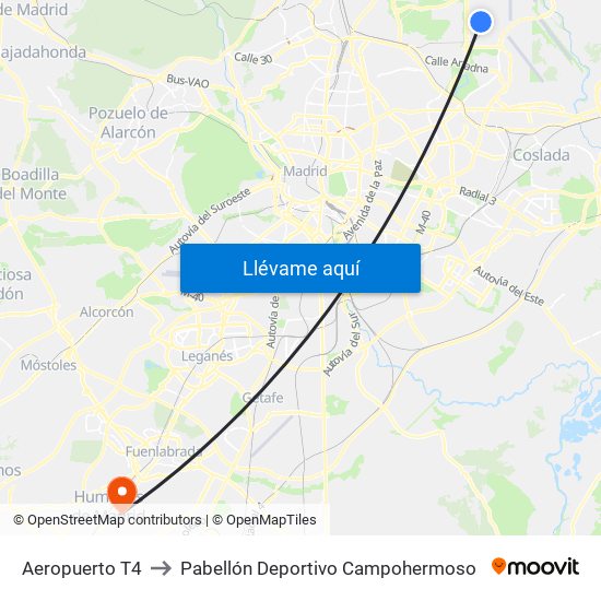 Aeropuerto T4 to Pabellón Deportivo Campohermoso map