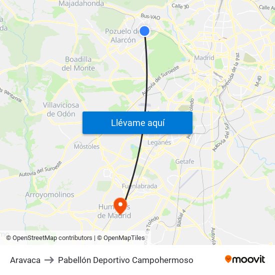 Aravaca to Pabellón Deportivo Campohermoso map