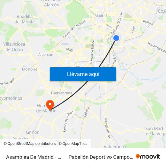 Asamblea De Madrid - Entrevías to Pabellón Deportivo Campohermoso map