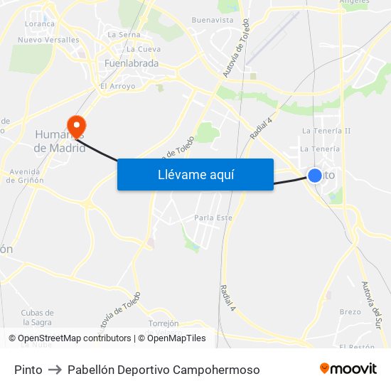 Pinto to Pabellón Deportivo Campohermoso map