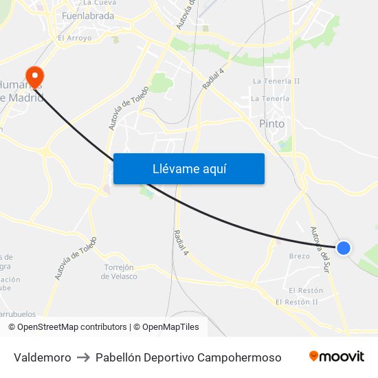 Valdemoro to Pabellón Deportivo Campohermoso map