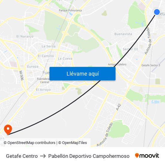 Getafe Centro to Pabellón Deportivo Campohermoso map