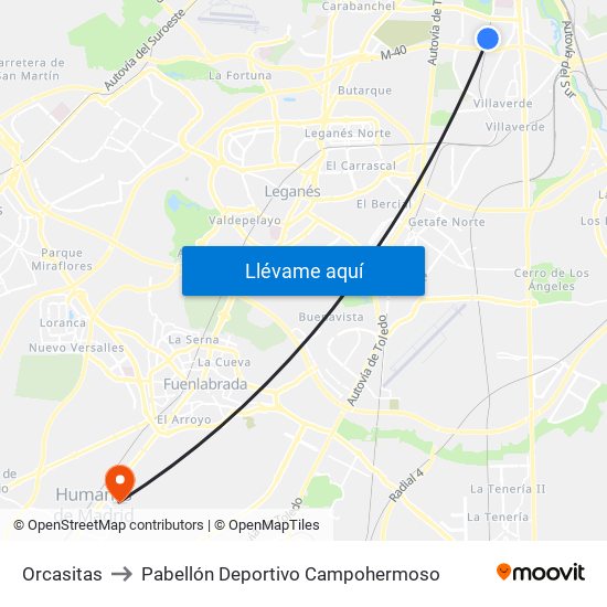 Orcasitas to Pabellón Deportivo Campohermoso map