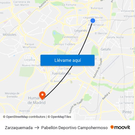 Zarzaquemada to Pabellón Deportivo Campohermoso map