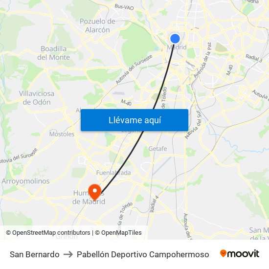 San Bernardo to Pabellón Deportivo Campohermoso map