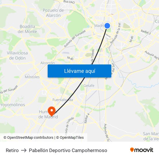 Retiro to Pabellón Deportivo Campohermoso map