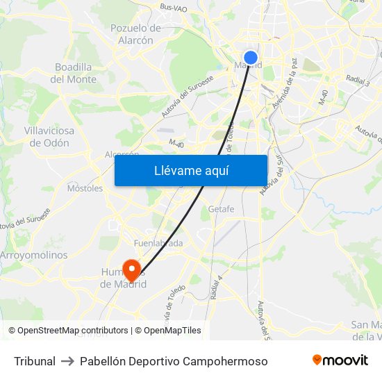 Tribunal to Pabellón Deportivo Campohermoso map