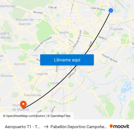 Aeropuerto T1 - T2 - T3 to Pabellón Deportivo Campohermoso map