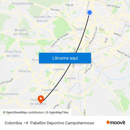 Colombia to Pabellón Deportivo Campohermoso map