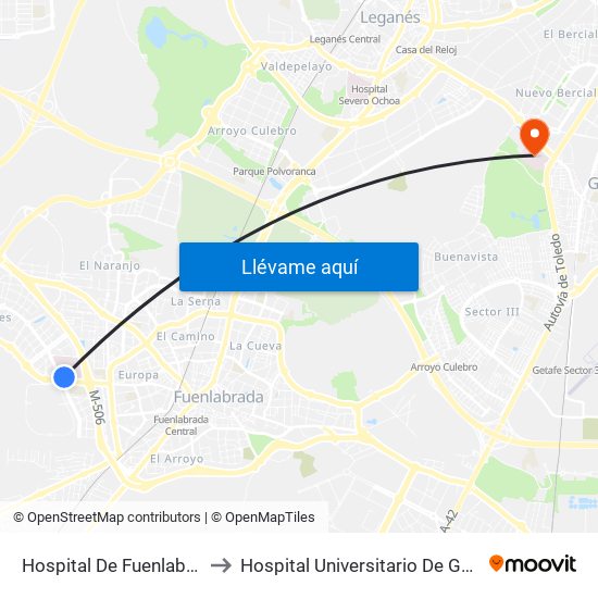 Hospital De Fuenlabrada to Hospital Universitario De Getafe. map