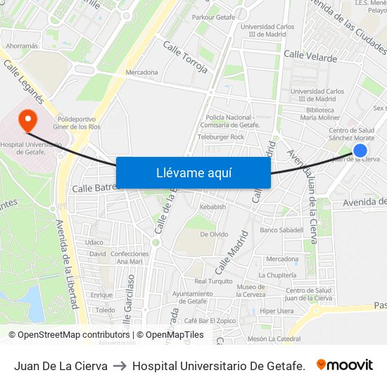 Juan De La Cierva to Hospital Universitario De Getafe. map