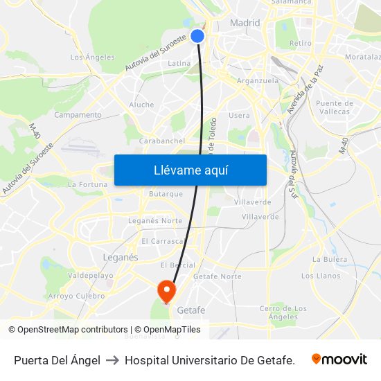 Puerta Del Ángel to Hospital Universitario De Getafe. map