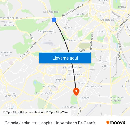 Colonia Jardín to Hospital Universitario De Getafe. map