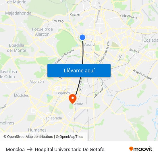 Moncloa to Hospital Universitario De Getafe. map