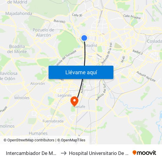 Intercambiador De Moncloa to Hospital Universitario De Getafe. map
