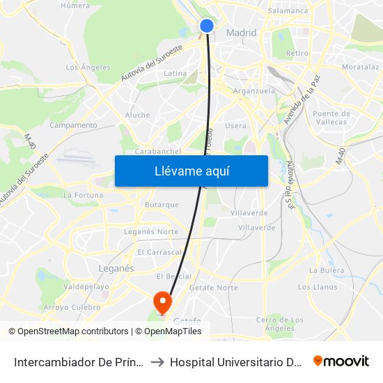 Intercambiador De Príncipe Pío to Hospital Universitario De Getafe. map