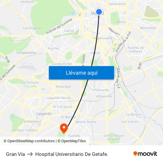 Gran Vía to Hospital Universitario De Getafe. map