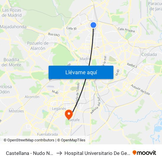 Castellana - Nudo Norte to Hospital Universitario De Getafe. map