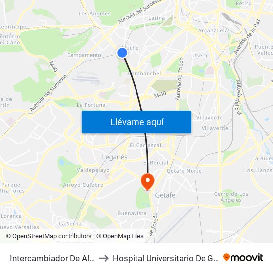 Intercambiador De Aluche to Hospital Universitario De Getafe. map