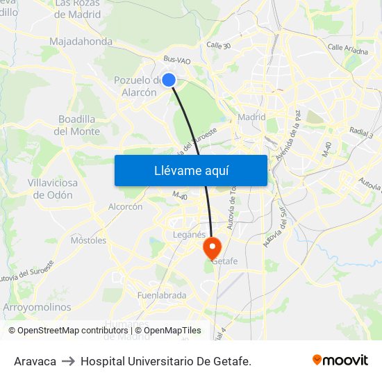 Aravaca to Hospital Universitario De Getafe. map