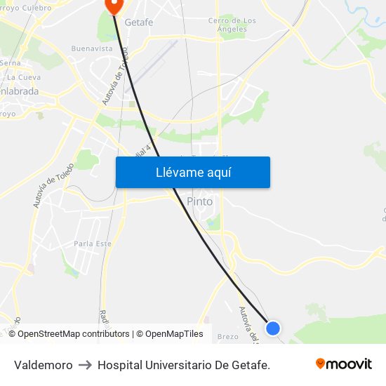 Valdemoro to Hospital Universitario De Getafe. map