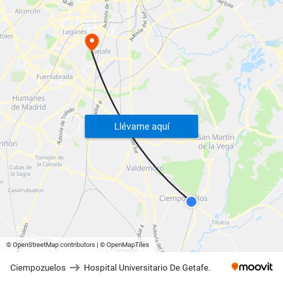 Ciempozuelos to Hospital Universitario De Getafe. map