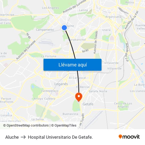 Aluche to Hospital Universitario De Getafe. map