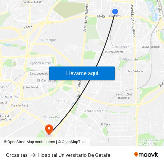 Orcasitas to Hospital Universitario De Getafe. map