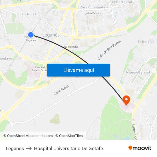 Leganés to Hospital Universitario De Getafe. map