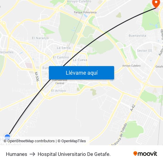 Humanes to Hospital Universitario De Getafe. map