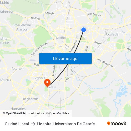 Ciudad Lineal to Hospital Universitario De Getafe. map