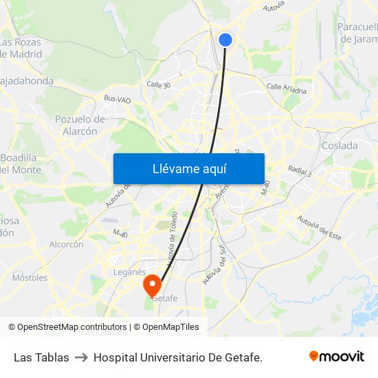 Las Tablas to Hospital Universitario De Getafe. map