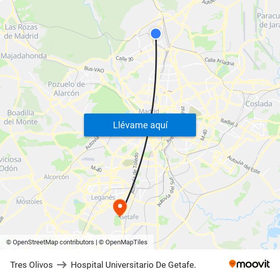 Tres Olivos to Hospital Universitario De Getafe. map