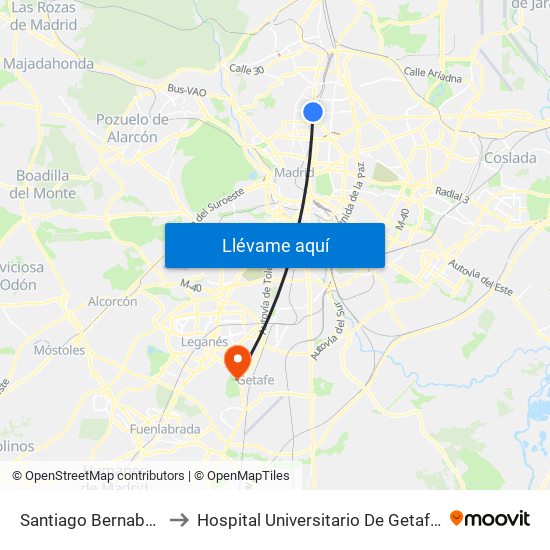 Santiago Bernabéu to Hospital Universitario De Getafe. map