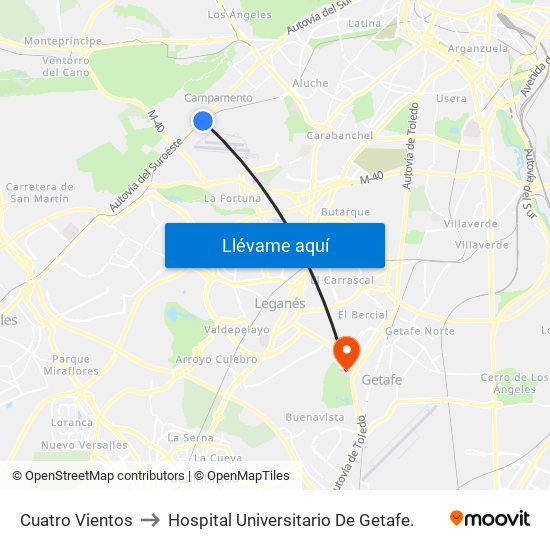 Cuatro Vientos to Hospital Universitario De Getafe. map