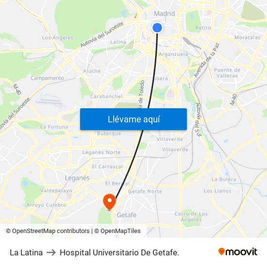 La Latina to Hospital Universitario De Getafe. map
