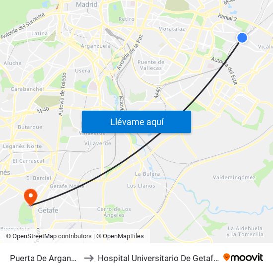 Puerta De Arganda to Hospital Universitario De Getafe. map